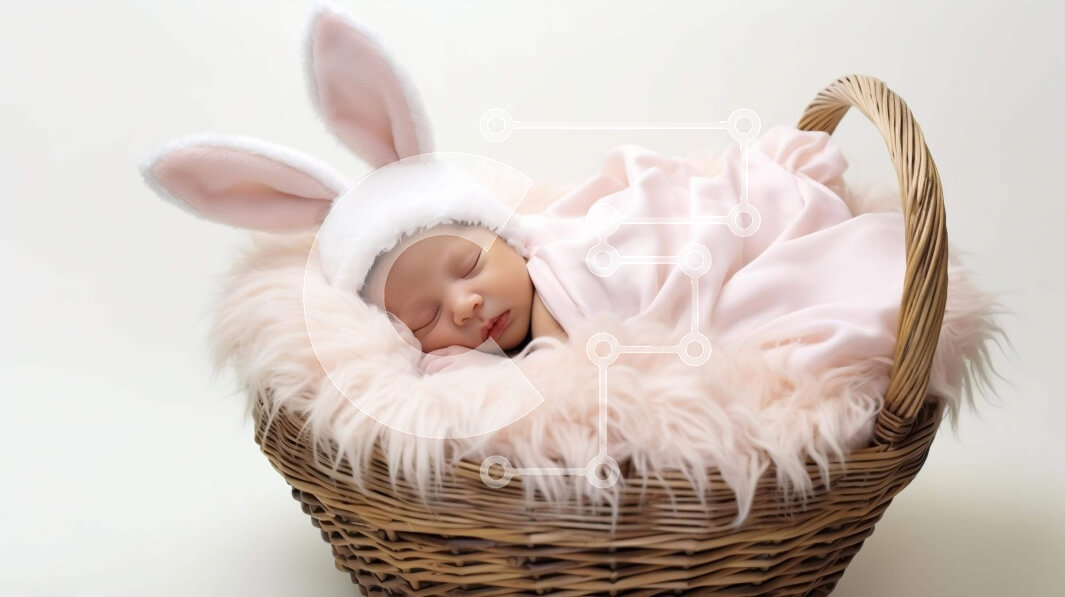 Intra Συλλεκτικό Ξύλινο Παζλ Plywood  4mm - Νεογέννητο μωρό που κοιμάται σε καλάθι με αυτιά λαγουδάκι Σε Ξύλινο Κουτί - Διαστάσεις Puzzle: 10x10 cm – 25 κομμάτια