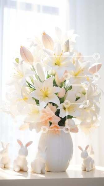 Intra Συλλεκτικό Ξύλινο Παζλ Plywood  4mm - Λευκό βάζο με λουλούδια και ειδώλια κουνελιών Σε Ξύλινο Κουτί - Διαστάσεις Puzzle: 10x10 cm – 25 κομμάτια