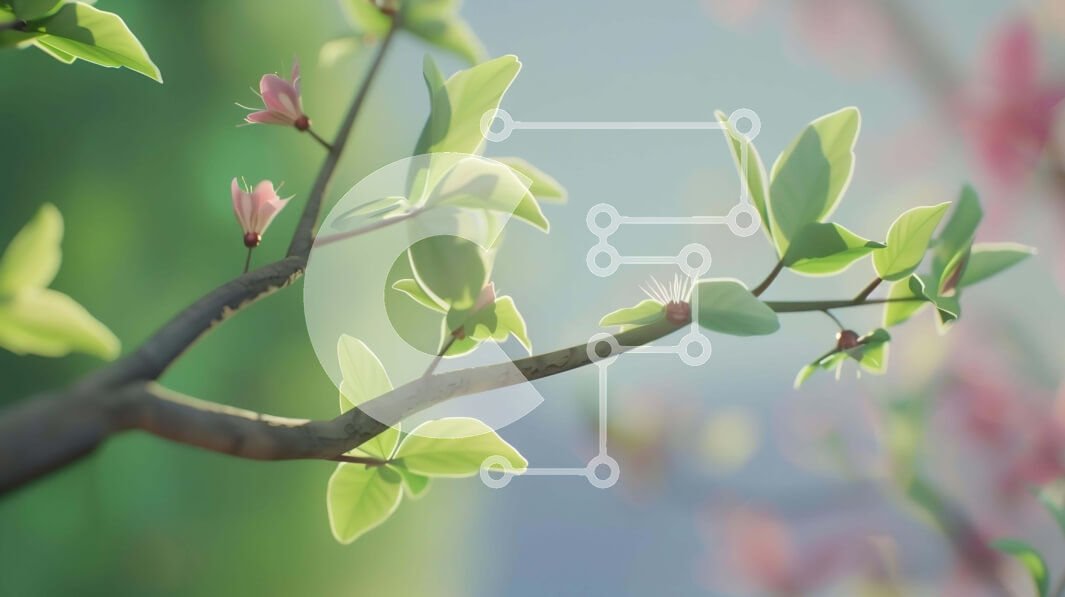 Intra Συλλεκτικό Ξύλινο Παζλ Plywood  4mm - Κλαδί δέντρου με πράσινα φύλλα και ροζ λουλούδια στο φως του ήλιου Σε Ξύλινο Κουτί - Διαστάσεις: 10x10 cm – 25 κομμάτια