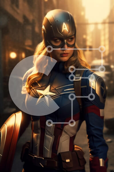 Intra Συλλεκτικό Ξύλινο Παζλ Plywood  4mm - Γυναίκα με κοστούμι Captain America με ασπίδα στο City Street Σε Ξύλινο Κουτί - Διαστάσεις Puzzle: 10x10 cm – 25 κομμάτια