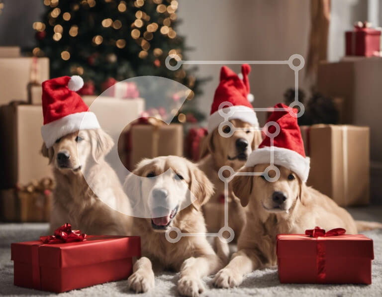 Σετ των 2 Intra Συλλεκτικό Ξύλινο Παζλ Plywood  4mm - Γκόλντεν Ριτρίβερ με καπέλα Άγιου Βασίλη με χριστουγεννιάτικα δώρα Σε Ξύλινο Κουτί - Διαστάσεις: 10x10 cm – 25 κομμάτια