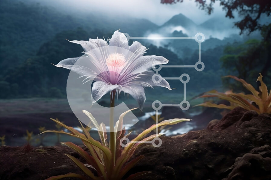 Intra Συλλεκτικό Ξύλινο Παζλ Plywood  4mm - Ομιχλώδες και μυστηριώδες λευκό λουλούδι στη ζούγκλα με τον καταρράκτη σε απόσταση Σε Ξύλινο Κουτί - Διαστάσεις: 10x10 cm – 25 κομμάτια