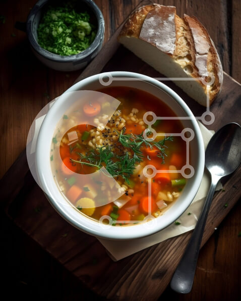 Σετ των 2 Intra Συλλεκτικό Ξύλινο Παζλ Plywood  4mm - Νόστιμη σούπα λαχανικών σε ένα ξύλινο τραπέζι με φρέσκα βότανα και ψωμί Σε Ξύλινο Κουτί - Διαστάσεις: 10x10 cm – 25 κομμάτια