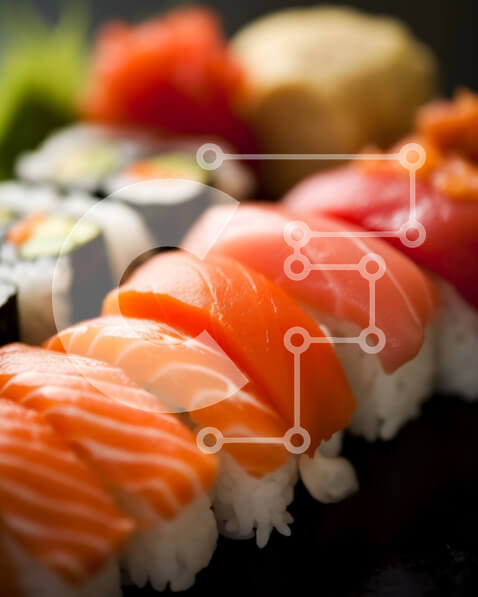 Σετ των 2 Intra Συλλεκτικό Ξύλινο Παζλ Plywood  4mm - Νόστιμη πιατέλα σούσι με διάφορα ψάρια και λαχανικά Σε Ξύλινο Κουτί - Διαστάσεις: 10x10 cm – 25 κομμάτια