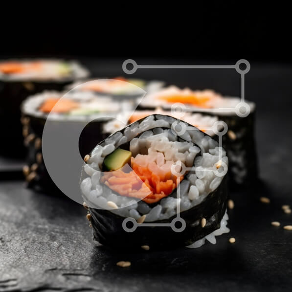 Σετ των 2 Intra Συλλεκτικό Ξύλινο Παζλ Plywood  4mm - Ρολά σούσι με σολομό και αβοκάντο σε σκοτεινό φόντο Σε Ξύλινο Κουτί - Διαστάσεις: 10x10 cm – 25 κομμάτια