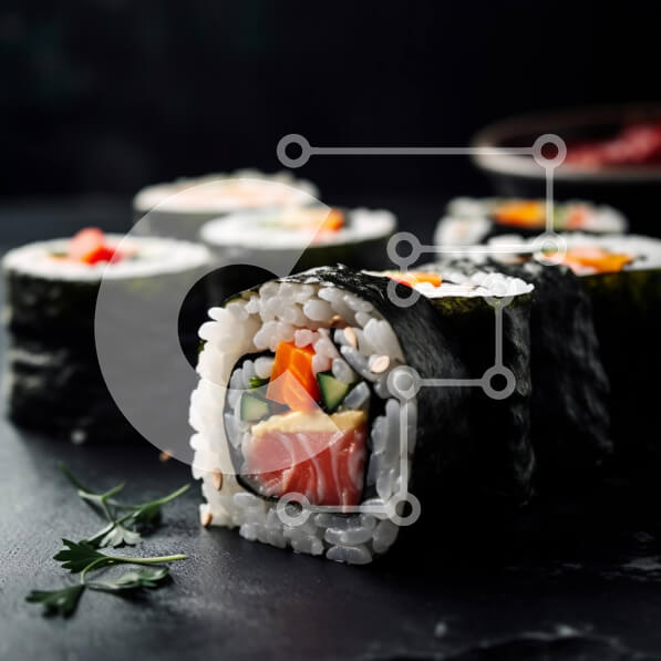 Σετ των 2 Intra Συλλεκτικό Ξύλινο Παζλ Plywood  4mm - Ρολό σούσι με σολομό, αβοκάντο και λαχανικά σε σκούρο φόντο Σε Ξύλινο Κουτί - Διαστάσεις: 10x10 cm – 25 κομμάτια