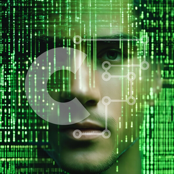 Intra Συλλεκτικό Ξύλινο Παζλ Plywood  4mm - Ανδρικό πρόσωπο μπροστά από κωδικοποιημένες γραμμές Matrix Σε Ξύλινο Κουτί - Διαστάσεις Puzzle: 10x10 cm – 25 κομμάτια