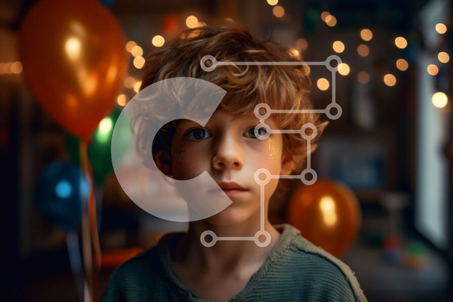 Intra Συλλεκτικό Ξύλινο Παζλ Plywood  4mm - Σοβαρό νεαρό αγόρι σε ένα δωμάτιο με μπαλόνια Σε Ξύλινο Κουτί - Διαστάσεις Puzzle: 10x10 cm – 25 κομμάτια