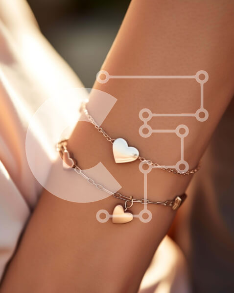 Intra Συλλεκτικό Ξύλινο Παζλ Plywood  4mm - Χρυσό βραχιόλι με γούρια καρδιάς στον καρπό της γυναίκας Σε Ξύλινο Κουτί - Διαστάσεις Puzzle: 10x10 cm – 25 κομμάτια