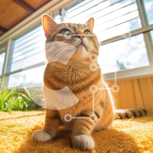 Intra Συλλεκτικό Ξύλινο Παζλ Plywood  4mm - Αξιολάτρευτη καφέ τιγρέ γάτα που κάθεται σε κίτρινο χαλί μπροστά από τη θέα στον κήπο Σε Ξύλινο Κουτί - Διαστάσεις: 10x10 cm – 25 κομμάτια