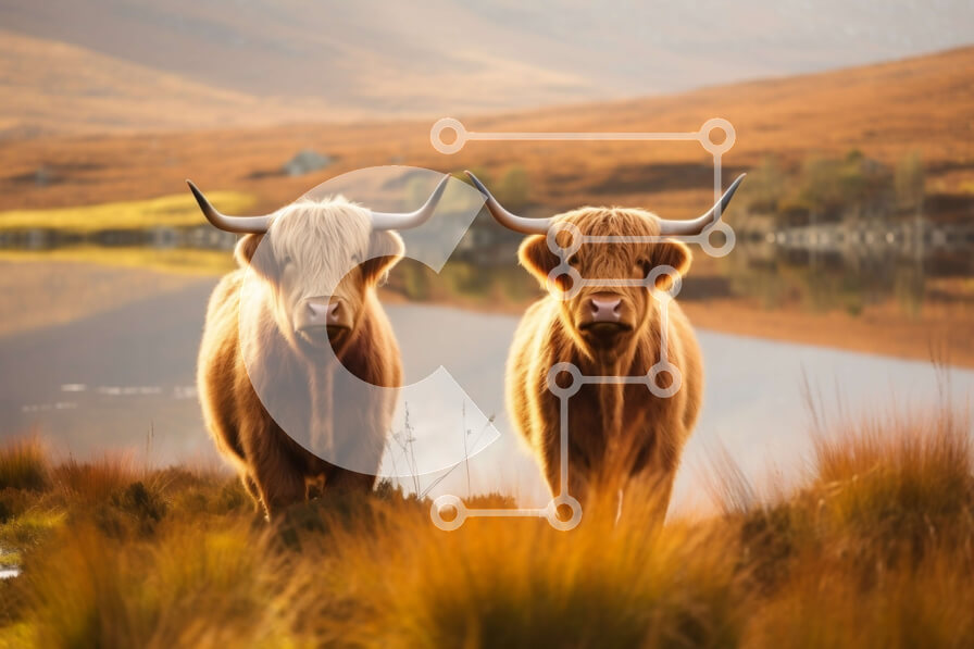 Σετ των 2 Intra Συλλεκτικό Ξύλινο Παζλ Plywood  4mm - Βοοειδή Highland που στέκονται σε ένα χωράφι με μακριά κέρατα Σε Ξύλινο Κουτί - Διαστάσεις: 10x10 cm – 25 κομμάτια