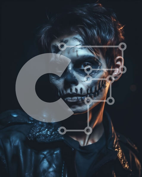 Intra Συλλεκτικό Ξύλινο Παζλ Plywood  4mm - Σοβαρό πορτρέτο ενός νεαρού άνδρα με σκελετό μακιγιάζ Σε Ξύλινο Κουτί - Διαστάσεις Puzzle: 10x10 cm – 25 κομμάτια