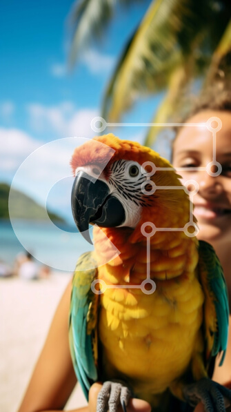 Σετ των 2 Intra Συλλεκτικό Ξύλινο Παζλ Plywood  4mm - Γυναίκα που κρατά έναν πολύχρωμο παπαγάλο σε μια παραλία Σε Ξύλινο Κουτί - Διαστάσεις: 10x10 cm – 25 κομμάτια