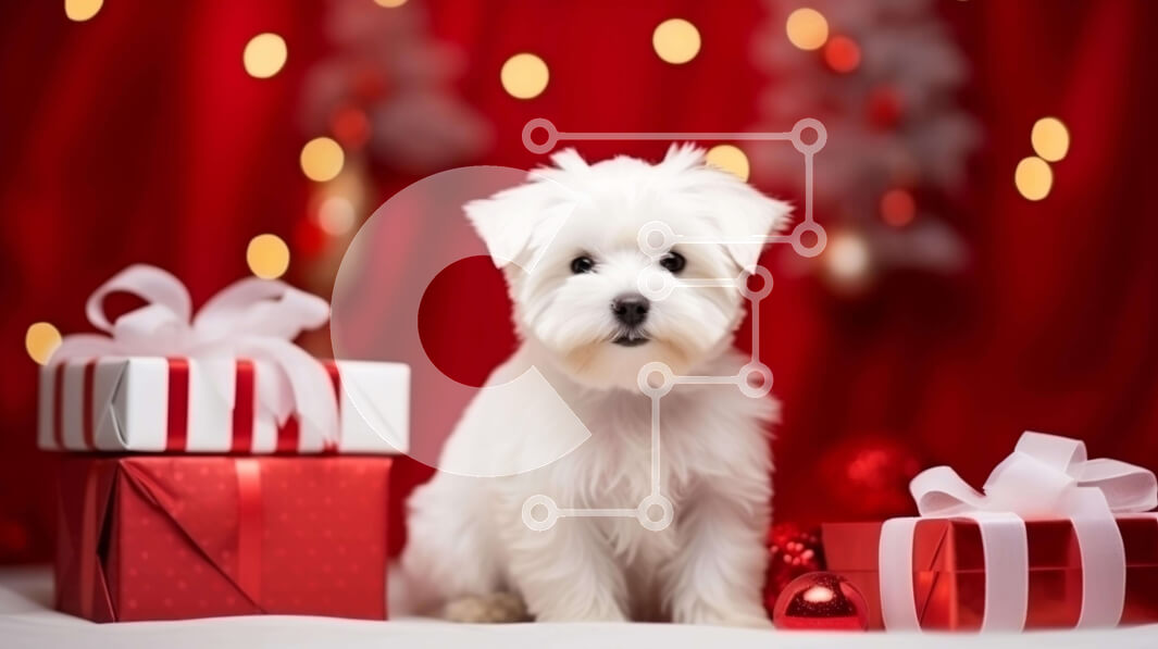 Σετ των 2 Intra Συλλεκτικό Ξύλινο Παζλ Plywood  4mm - Χαριτωμένο σκυλί που κάθεται μπροστά από το κόκκινο φόντο με δώρα και διακοσμήσεις Σε Ξύλινο Κουτί - Διαστάσεις: 10x10 cm – 25 κομμάτια