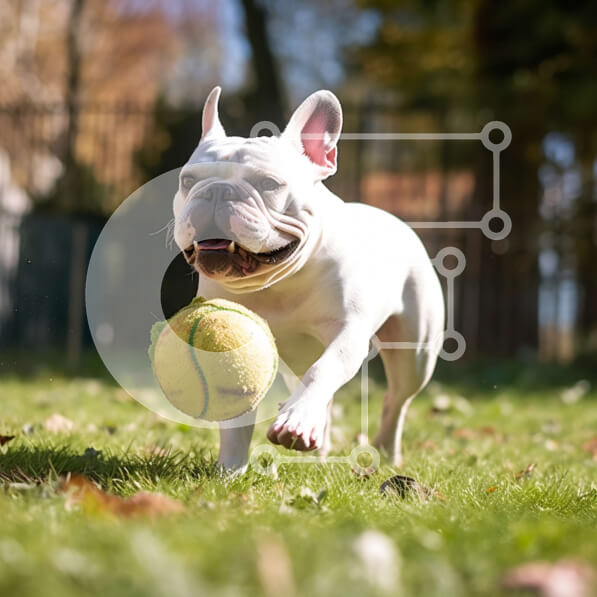 Intra Συλλεκτικό Ξύλινο Παζλ Plywood  4mm - Αξιολάτρευτη εικόνα ενός λευκού γαλλικού μπουλντόγκ με μια μπάλα του τένις στο στόμα του Σε Ξύλινο Κουτί - Διαστάσεις: 10x10 cm – 25 κομμάτια