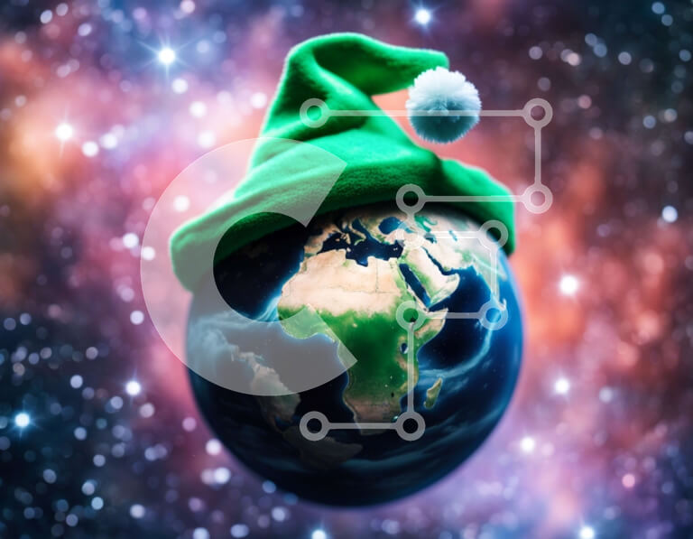 Intra Συλλεκτικό Ξύλινο Παζλ Plywood  4mm - Πράσινο καπέλο Άγιου Βασίλη στον πλανήτη Γη στο διάστημα Σε Ξύλινο Κουτί - Διαστάσεις Puzzle: 10x10 cm – 25 κομμάτια