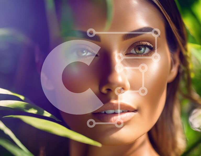 Intra Συλλεκτικό Ξύλινο Παζλ Plywood  4mm - Όμορφη γυναίκα με λαμπερά πράσινα μάτια σε πλούσιο πράσινο φύλλωμα Σε Ξύλινο Κουτί - Διαστάσεις Puzzle: 10x10 cm – 25 κομμάτια