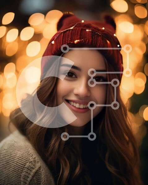 Intra Συλλεκτικό Ξύλινο Παζλ Plywood  4mm - Νεαρή γυναίκα με σγουρά μαλλιά και κόκκινη κουκούλα μπροστά στα πολύχρωμα φώτα Σε Ξύλινο Κουτί - Διαστάσεις Puzzle: 10x10 cm – 25 κομμάτια