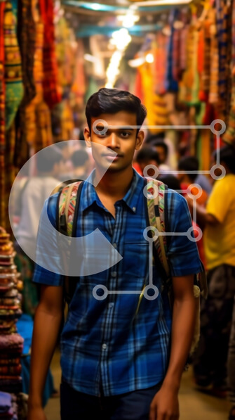 Intra Συλλεκτικό Ξύλινο Παζλ Plywood  4mm - Πολύχρωμη σκηνή αγοράς με νεαρό άνδρα και σακίδιο Σε Ξύλινο Κουτί - Διαστάσεις Puzzle: 10x10 cm – 25 κομμάτια