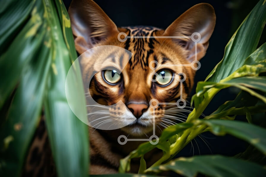 Σετ των 2 Intra Συλλεκτικό Ξύλινο Παζλ Plywood  4mm - Γάτα της Βεγγάλης που κρυφοκοιτάζει πίσω από το φυλλώδες φυτό Σε Ξύλινο Κουτί - Διαστάσεις: 10x10 cm – 25 κομμάτια