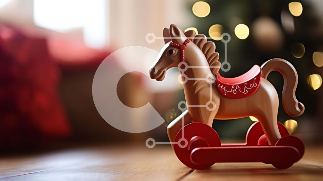 Intra Συλλεκτικό Ξύλινο Παζλ Plywood  4mm - Ξύλινο παιχνίδι άλογο μπροστά από ένα διακοσμητικό χριστουγεννιάτικο δέντρο Σε Ξύλινο Κουτί - Διαστάσεις: 10x10 cm – 25 κομμάτια