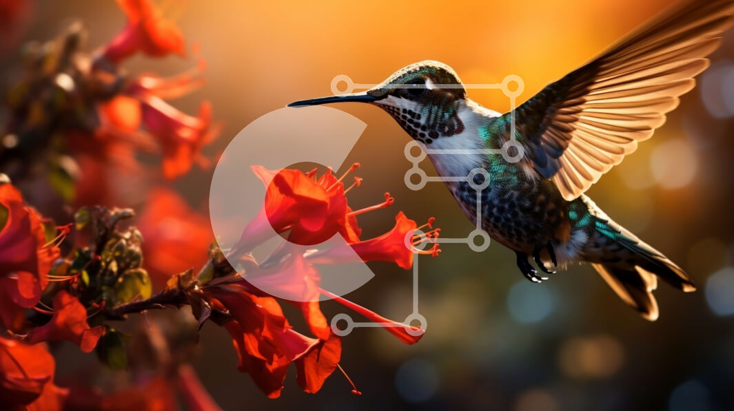 Intra Συλλεκτικό Ξύλινο Παζλ Plywood  4mm - Κολίμπρι που πετά κοντά στα κόκκινα λουλούδια στο ηλιοβασίλεμα Σε Ξύλινο Κουτί - Διαστάσεις: 10x10 cm – 25 κομμάτια