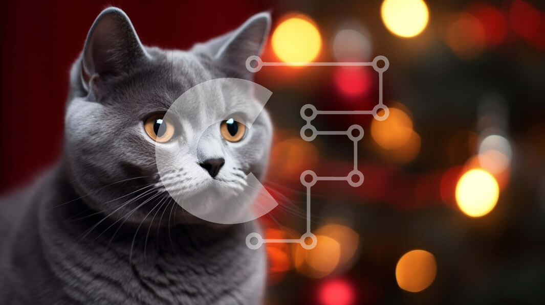 Σετ των 2 Intra Συλλεκτικό Ξύλινο Παζλ Plywood  4mm - Γκρίζα γάτα μπροστά από το φωτισμένο χριστουγεννιάτικο δέντρο Σε Ξύλινο Κουτί - Διαστάσεις: 10x10 cm – 25 κομμάτια