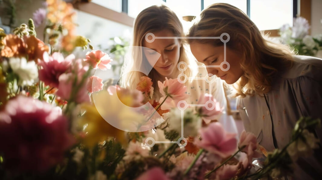 Intra Συλλεκτικό Ξύλινο Παζλ Plywood  4mm - Δύο γυναίκες στο ανθοπωλείο που ασχολούνται με την λουλουδάτη ρύθμιση Σε Ξύλινο Κουτί - Διαστάσεις Puzzle: 10x10 cm – 25 κομμάτια