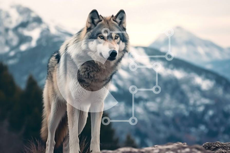 Σετ των 2 Intra Συλλεκτικό Ξύλινο Παζλ Plywood  4mm - Ασπρόμαυρη εικόνα ενός γκρίζου λύκου σε έναν βραχώδη βράχο με θέα σε μια χιονισμένη οροσειρά Σε Ξύλινο Κουτί - Διαστάσεις: 10x10 cm – 25 κομμάτια