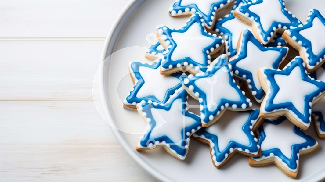 Σετ των 2 Intra Συλλεκτικό Ξύλινο Παζλ Plywood  4mm - Μπισκότα σε σχήμα αστεριού μπλε και λευκού σε λευκό πιάτο Σε Ξύλινο Κουτί - Διαστάσεις: 10x10 cm – 25 κομμάτια