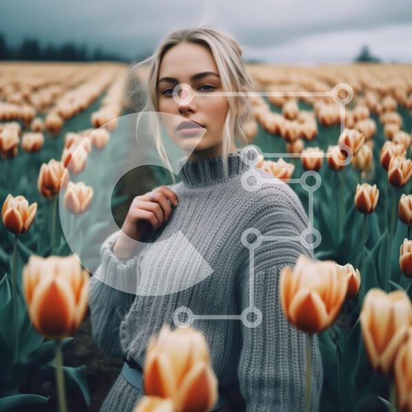 Intra Συλλεκτικό Ξύλινο Παζλ Plywood  4mm - Εκπληκτική φωτογραφία μιας γυναίκας ανάμεσα στο χωράφι με τουλίπα που φοράει γκρι πουλόβερ Σε Ξύλινο Κουτί - Διαστάσεις: 10x10 cm – 25 κομμάτια