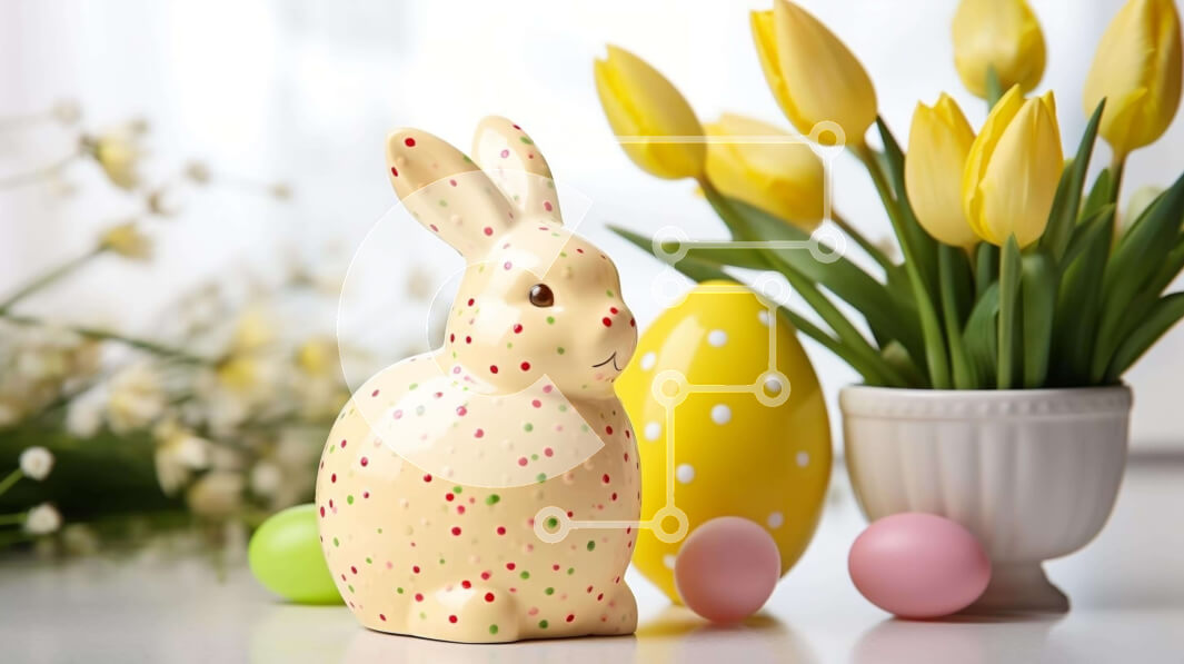 Intra Συλλεκτικό Ξύλινο Παζλ Plywood  4mm - Ειδώλιο λαγουδάκι του Πάσχα, κίτρινες τουλίπες και πασχαλινά αυγά Σε Ξύλινο Κουτί - Διαστάσεις: 10x10 cm – 25 κομμάτια