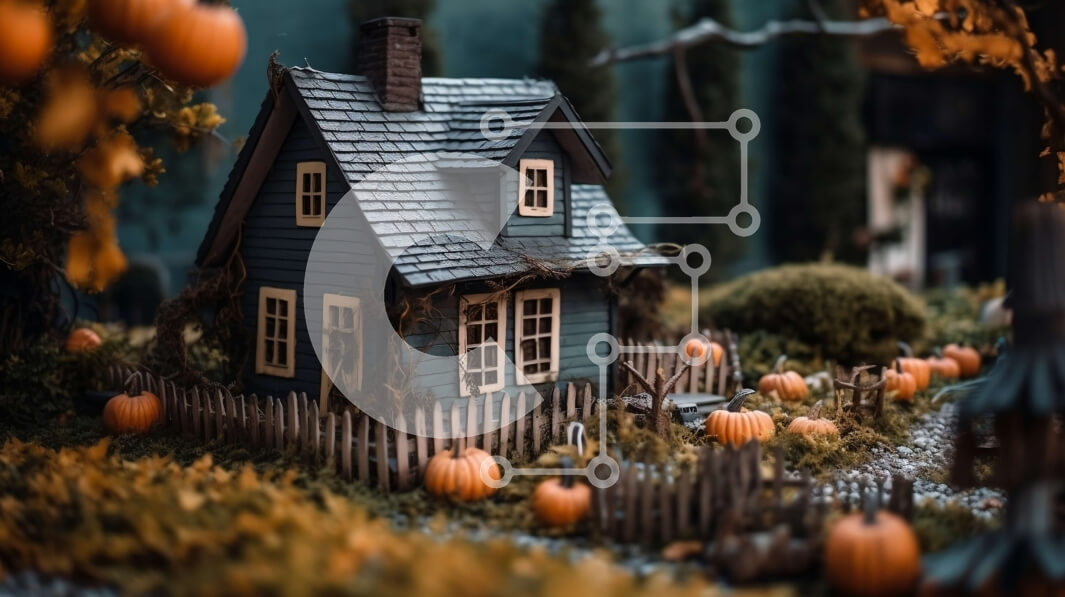 Intra Συλλεκτικό Ξύλινο Παζλ Plywood  4mm - Ζεστή φθινοπωρινή διακόσμηση με μπλε σπίτι και κολοκύθες Σε Ξύλινο Κουτί - Διαστάσεις Puzzle: 10x10 cm – 25 κομμάτια