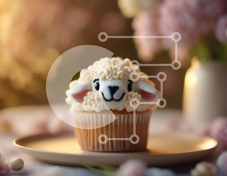 Σετ των 2 Intra Συλλεκτικό Ξύλινο Παζλ Plywood  4mm - Cupcake σε σχήμα προβάτου στο πιάτο με λευκό πάγωμα και λουλούδια Σε Ξύλινο Κουτί - Διαστάσεις: 10x10 cm – 25 κομμάτια