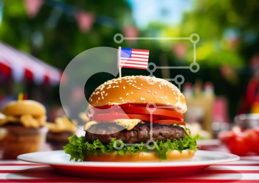 Σετ των 2 Intra Συλλεκτικό Ξύλινο Παζλ Plywood  4mm - Μπέργκερ αμερικανικής σημαίας στο τραπέζι πικνίκ Σε Ξύλινο Κουτί - Διαστάσεις: 10x10 cm – 25 κομμάτια