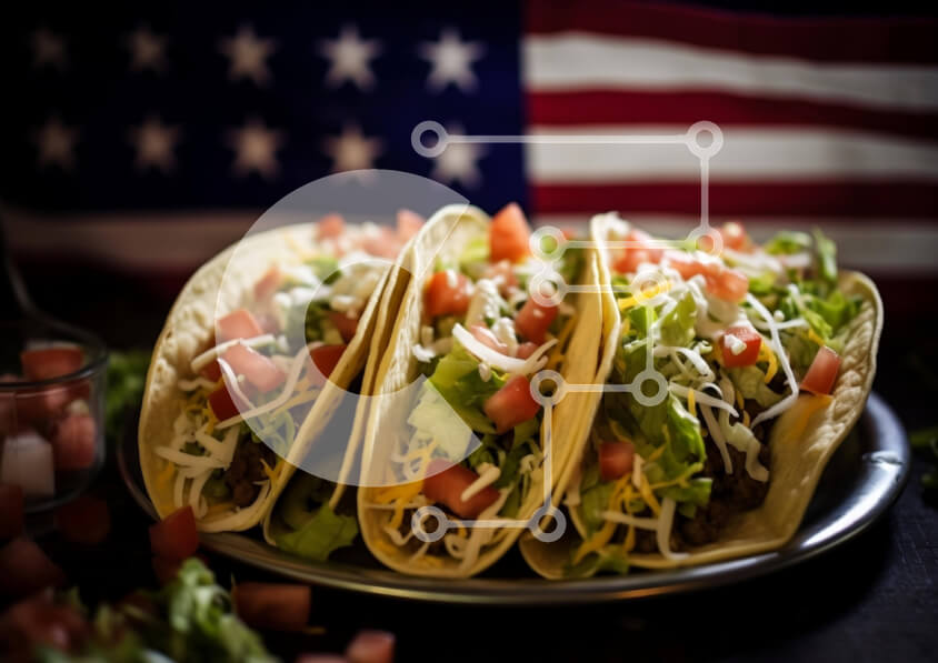 Σετ των 2 Intra Συλλεκτικό Ξύλινο Παζλ Plywood  4mm - Νόστιμα τάκος σε μεταλλικό πιάτο με φόντο αμερικανικής σημαίας Σε Ξύλινο Κουτί - Διαστάσεις: 10x10 cm – 25 κομμάτια