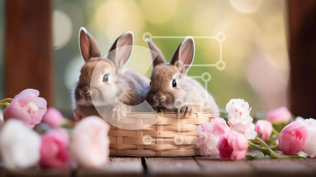 Intra Συλλεκτικό Ξύλινο Παζλ Plywood  4mm - Δύο κουνέλια σε ένα καλάθι με ροζ λουλούδια Σε Ξύλινο Κουτί - Διαστάσεις: 10x10 cm – 25 κομμάτια