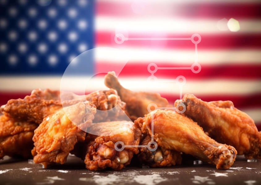 Σετ των 2 Intra Συλλεκτικό Ξύλινο Παζλ Plywood  4mm - Φτερούγες κοτόπουλου με φόντο αμερικανική σημαία Σε Ξύλινο Κουτί - Διαστάσεις: 10x10 cm – 25 κομμάτια