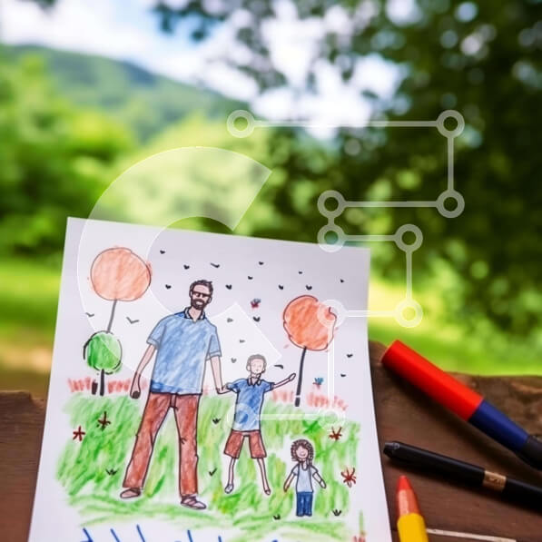 Intra Συλλεκτικό Ξύλινο Παζλ Plywood  4mm - Πατέρας και γιος που σχεδιάζουν με χρωματιστά μολύβια Σε Ξύλινο Κουτί - Διαστάσεις Puzzle: 10x10 cm – 25 κομμάτια