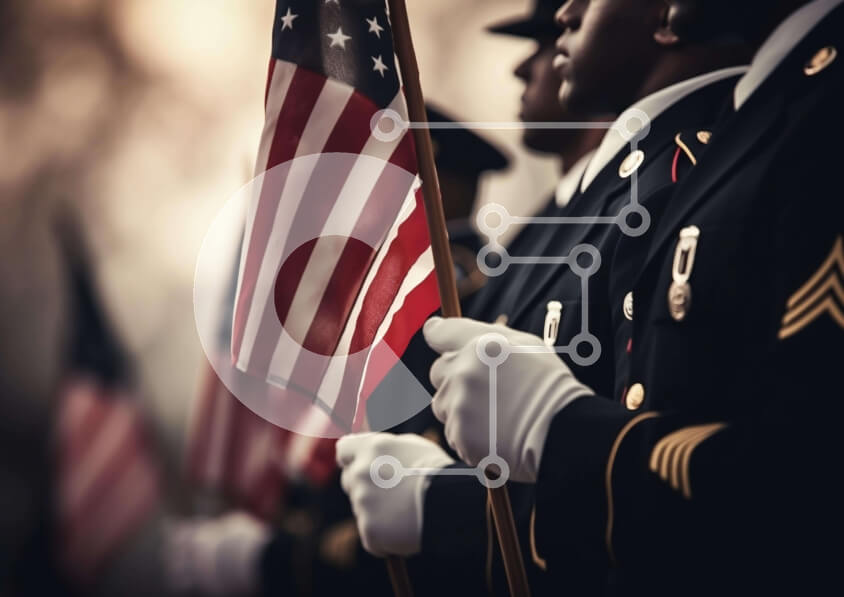 Intra Συλλεκτικό Ξύλινο Παζλ Plywood  4mm - Ομάδα στρατιωτικού προσωπικού που κρατά αμερικανικές σημαίες Σε Ξύλινο Κουτί - Διαστάσεις Puzzle: 10x10 cm – 25 κομμάτια