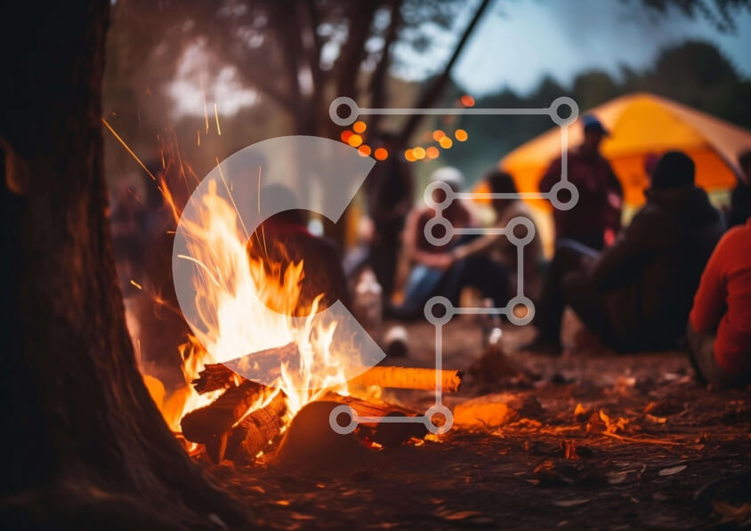 Intra Συλλεκτικό Ξύλινο Παζλ Plywood  4mm - Φωτιά στο δάσος με ανθρώπους να απολαμβάνουν την ύπαιθρο Σε Ξύλινο Κουτί - Διαστάσεις: 10x10 cm – 25 κομμάτια