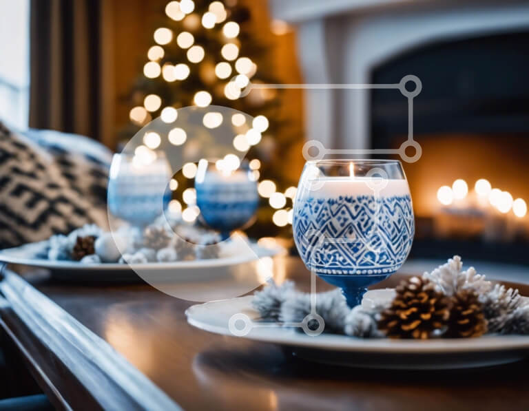 Intra Συλλεκτικό Ξύλινο Παζλ Plywood  4mm - Γαλάζια και λευκά κεριά ποτήρια με κουκουνάρι και χιονονιφάδα διακόσμηση Σε Ξύλινο Κουτί - Διαστάσεις: 10x10 cm – 25 κομμάτια