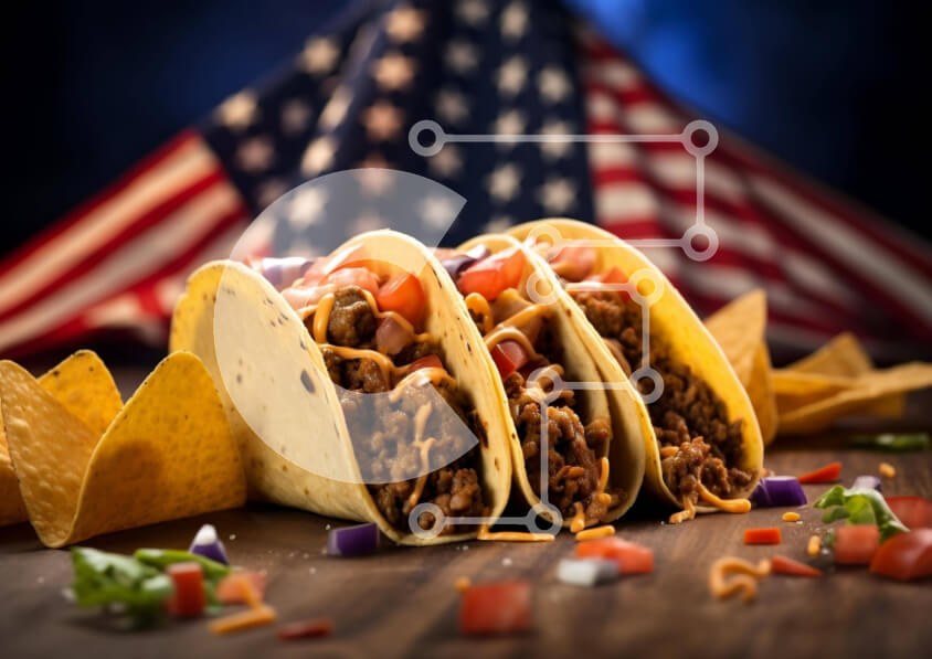 Σετ των 2 Intra Συλλεκτικό Ξύλινο Παζλ Plywood  4mm - Φόντο αμερικανικής σημαίας με τρία νόστιμα tacos Σε Ξύλινο Κουτί - Διαστάσεις: 10x10 cm – 25 κομμάτια