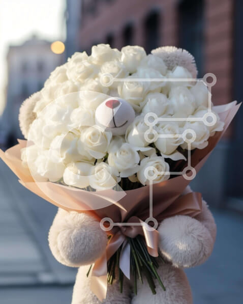 Intra Συλλεκτικό Ξύλινο Παζλ Plywood  4mm - Μπουκέτο αρκουδάκι με λευκά τριαντάφυλλα Σε Ξύλινο Κουτί - Διαστάσεις Puzzle: 10x10 cm – 25 κομμάτια