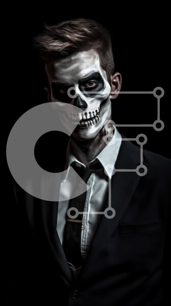 Intra Συλλεκτικό Ξύλινο Παζλ Plywood  4mm - Άνδρας με βαμμένο κρανίο πρόσωπο με μαύρο κοστούμι και γραβάτα που στέκεται σε μαύρο φόντο Σε Ξύλινο Κουτί - Διαστάσεις Puzzle: 10x10 cm – 25 κομμάτια