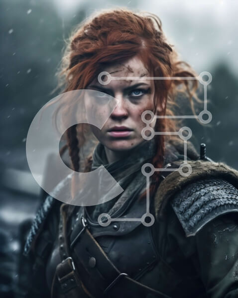 Intra Συλλεκτικό Ξύλινο Παζλ Plywood  4mm - Ατρόμητη κοκκινομάλλα πολεμίστρια με πανοπλία με σπαθί στο σκοτεινό δάσος Σε Ξύλινο Κουτί - Διαστάσεις Puzzle: 10x10 cm – 25 κομμάτια