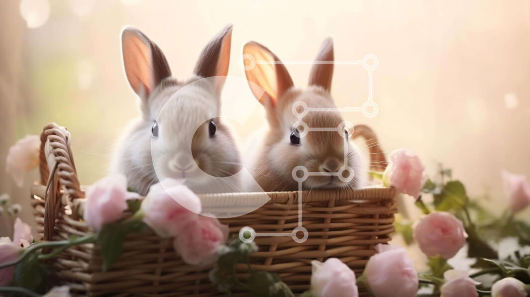 Σετ των 2 Intra Συλλεκτικό Ξύλινο Παζλ Plywood  4mm - Δύο καφέ κουνέλια στο καλάθι με ροζ λουλούδια Σε Ξύλινο Κουτί - Διαστάσεις: 10x10 cm – 25 κομμάτια