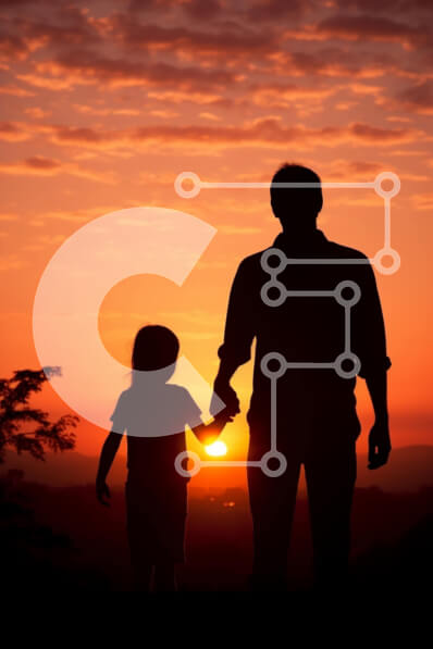 Intra Συλλεκτικό Ξύλινο Παζλ Plywood  4mm - Σιλουέτα ενός άνδρα και ενός παιδιού που κρατούν τα χέρια στο ηλιοβασίλεμα Σε Ξύλινο Κουτί - Διαστάσεις Puzzle: 10x10 cm – 25 κομμάτια