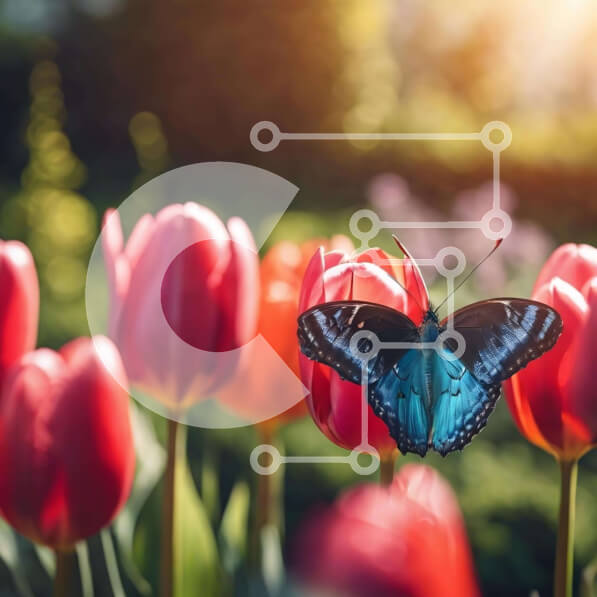 Intra Συλλεκτικό Ξύλινο Παζλ Plywood  4mm - Μπλε πεταλούδα στις κόκκινες τουλίπες στο φως του ήλιου Σε Ξύλινο Κουτί - Διαστάσεις: 10x10 cm – 25 κομμάτια