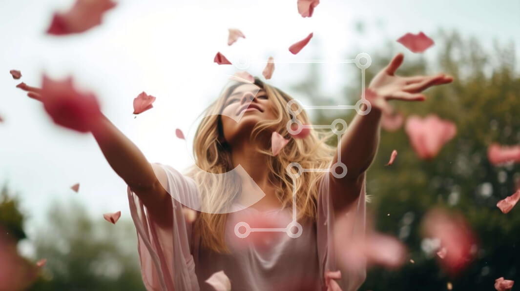 Intra Συλλεκτικό Ξύλινο Παζλ Plywood  4mm - Νεαρή γυναίκα που ρίχνει ροζ πέταλα στον αέρα Σε Ξύλινο Κουτί - Διαστάσεις Puzzle: 10x10 cm – 25 κομμάτια